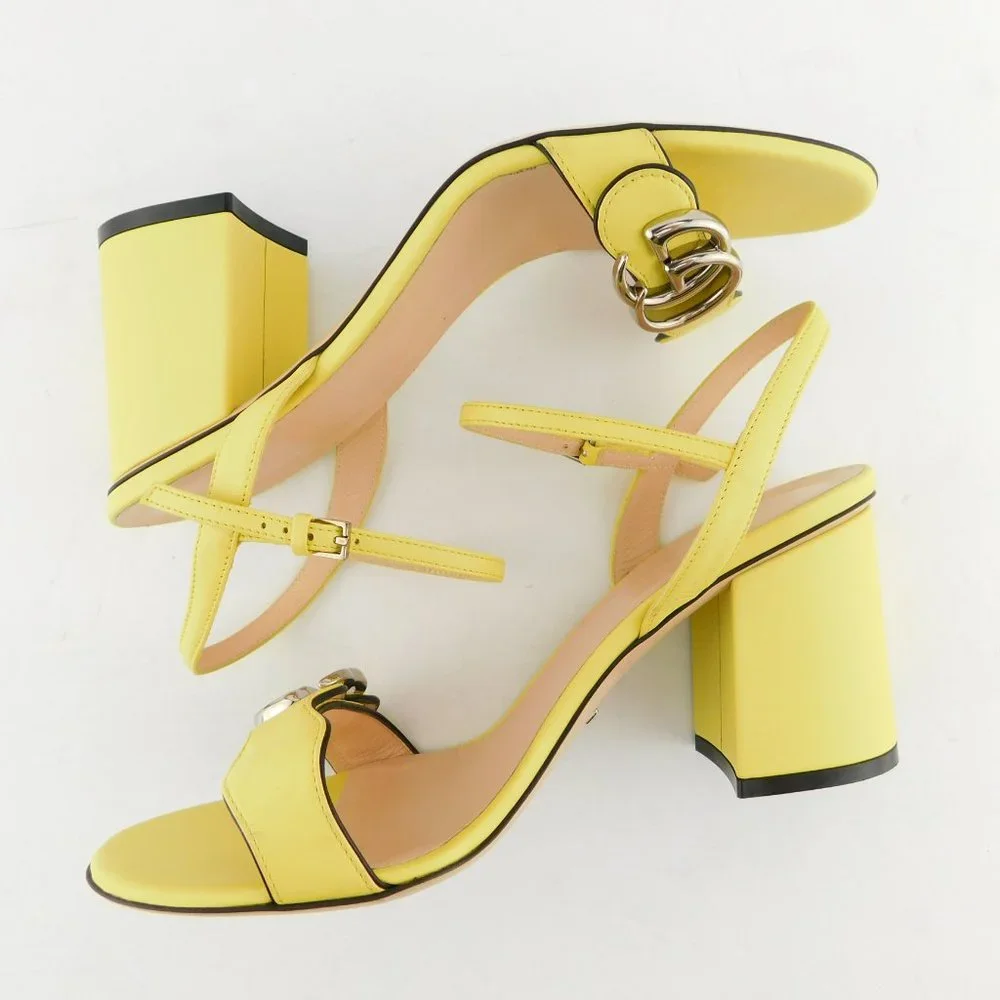 GUCCI GG Logo Sunflower Yellow Leather Ankle Strap Block Heel Sandals 38 - Picture 6 of 11